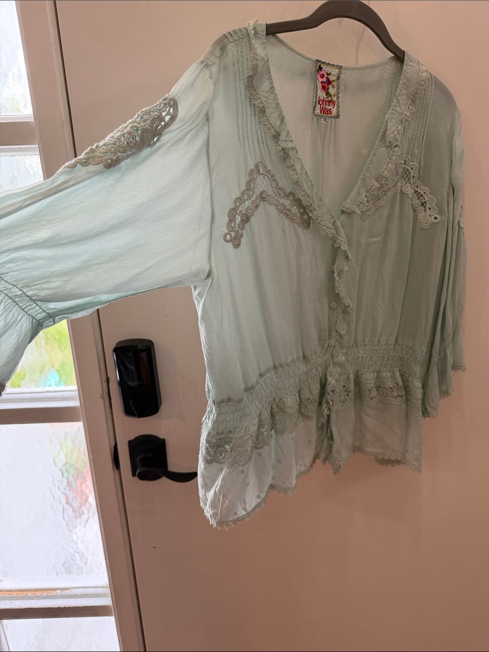 Johnny Was light blue Boho Lace-Trim V-Neck Blouse XL. NWOT